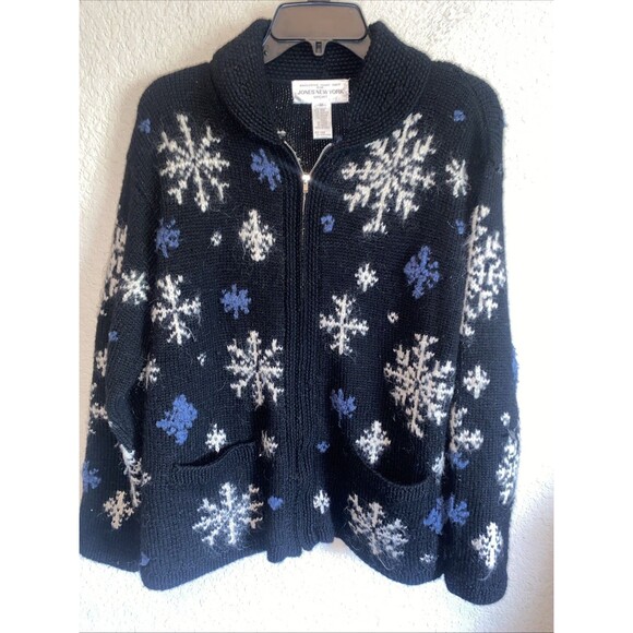 Vintage Jones New York Sport Christmas Snowflake Sweater Zip Wool M Mohair - Picture 1 of 10